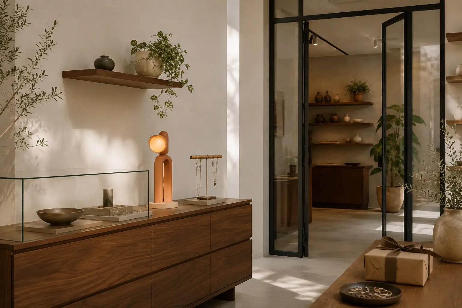 Mobiliario, exhibición y objetos personalizados integrados en un espacio contemporáneo