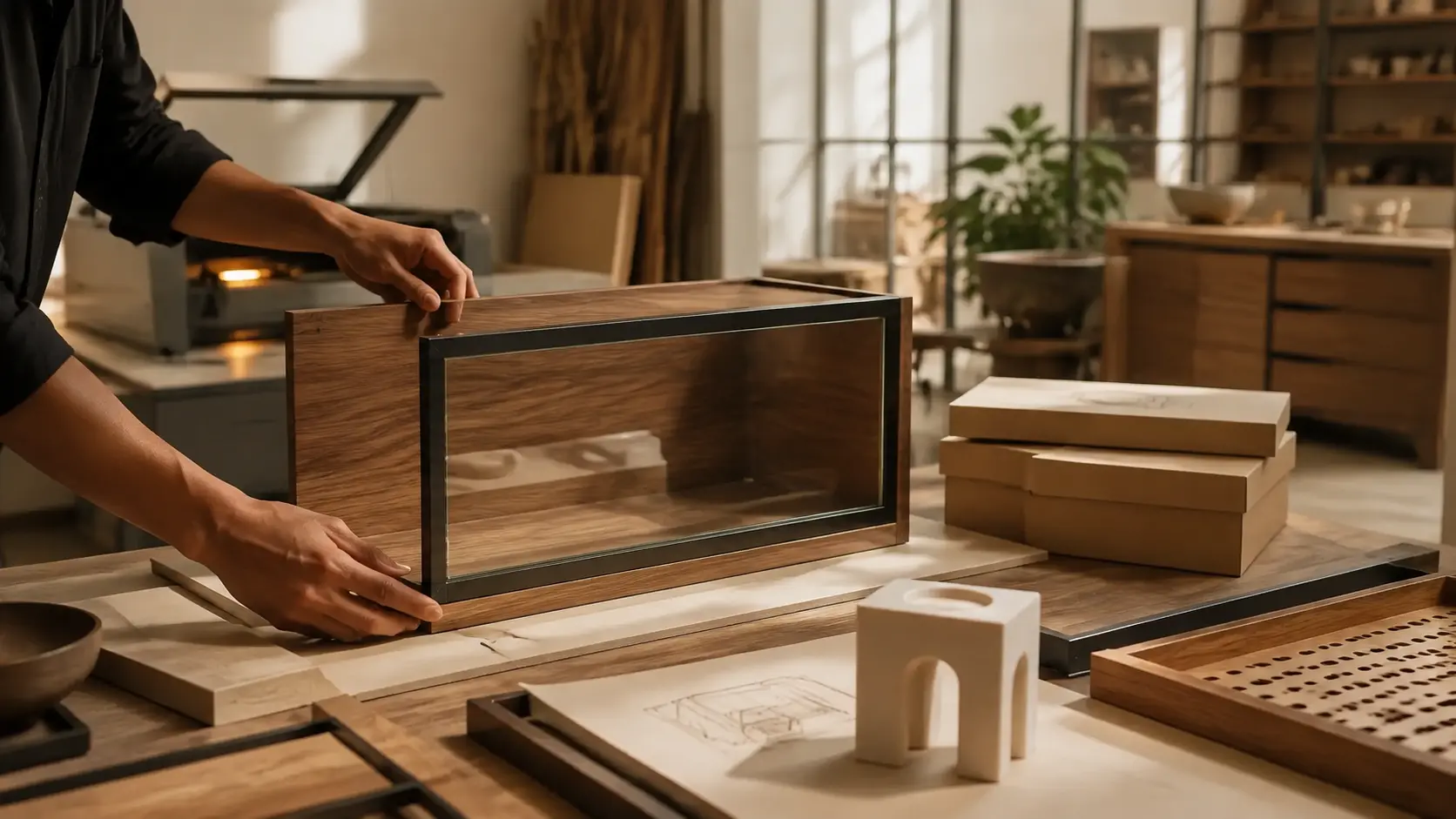Proceso de fabricación de un exhibidor de madera, metal y vidrio